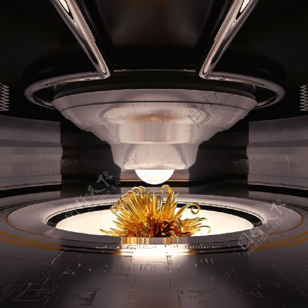 C4D未来科技室内设计花朵与灯柱