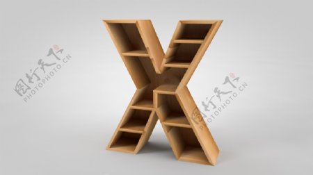 字母X形木质现代货架书架木架C4D建模