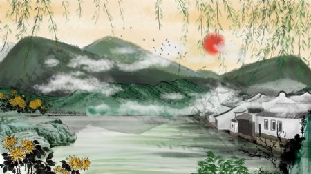 原创中国复古水墨画风景画水彩画插画