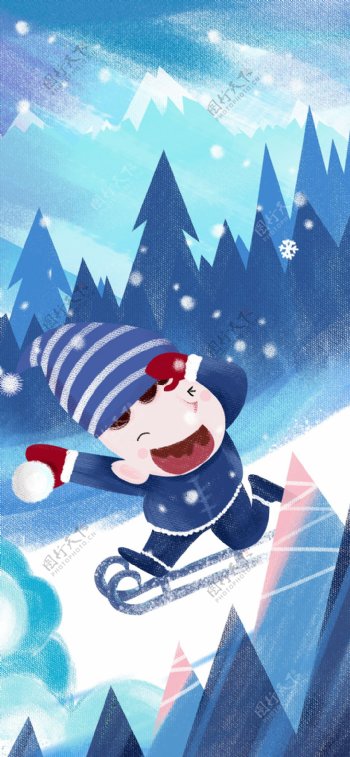 冬季场景滑雪少年肌理插画