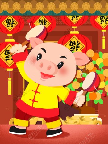 中国风喜庆新年猪年吉祥插画