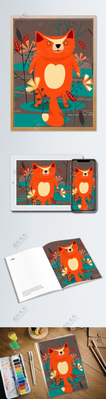 红色小狐狸自然印记趋势插画