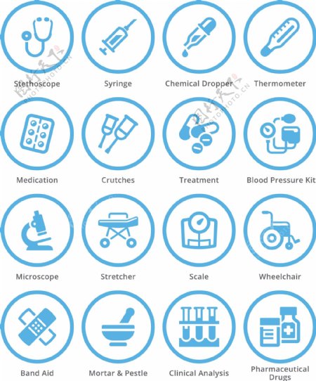 蓝色圆圈医疗设备和用品图标