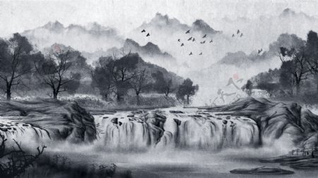 中国风复古水墨画风景画唯美中国水墨插画