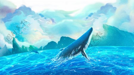 梦幻唯美鲸鱼治愈系海蓝时见鲸插画
