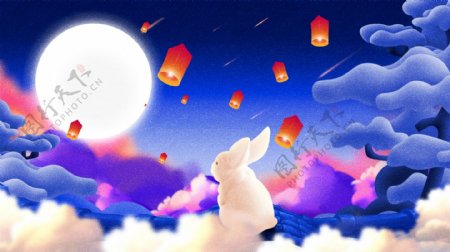 唯美传统节日中秋屋顶上的兔子插画