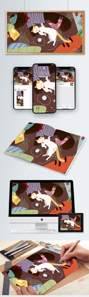 萌宠系列可爱猫咪床上玩毛线球卡通插画