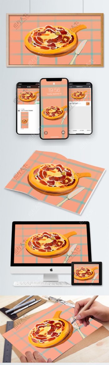原创美食披萨水果奶油插画