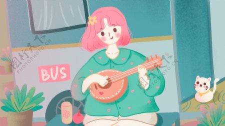 一个人旅行猫咪弹琴弹吉他治愈可爱女生