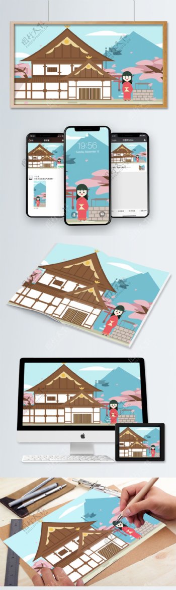 日本旅游旅行建筑自由行插画和服手绘海报