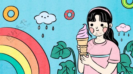 处暑炎热夏日缤纷吃冰淇淋的女孩