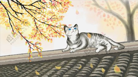 原创水墨风立秋节气插画屋顶仰望树上的猫