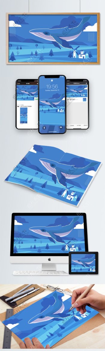治愈系蓝色深海鲸鱼插画