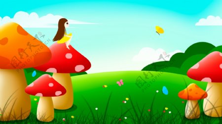 卡通童话蘑菇女孩风景插画