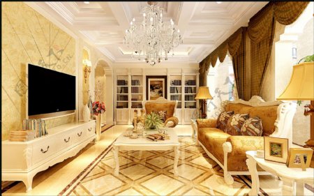 奢华暖色系室内客厅电视墙家装效果图