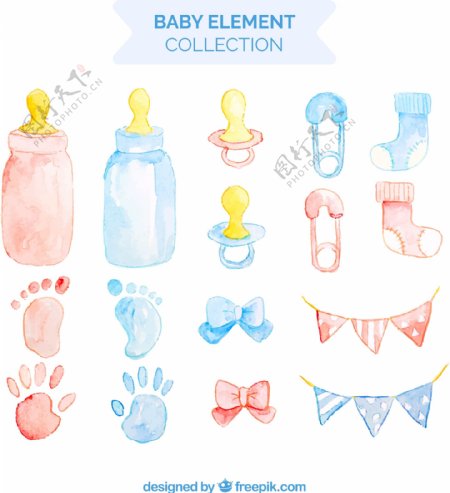 16款水彩绘粉色和蓝色婴儿元素