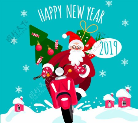 创意新年骑摩托车的圣诞老人矢量