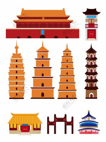 中国古代建筑物矢量手绘风装饰背景套图