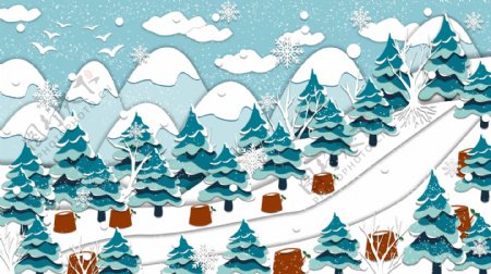 手绘冬季雪场树林背景素材