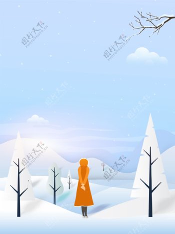 清新冬季小寒节气雪地女孩背景设计