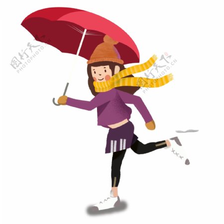 撑着雨伞滑雪的女孩人物元素设计