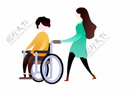 尊老爱幼推轮椅的护士插画