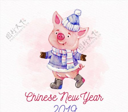 彩绘新年冬装小猪矢量素材