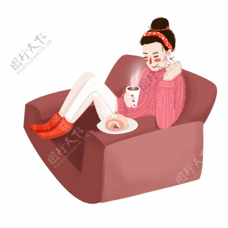 温馨手绘窝在沙发喝热茶的女孩