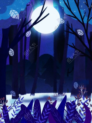 蓝色树林圆月晚安背景设计