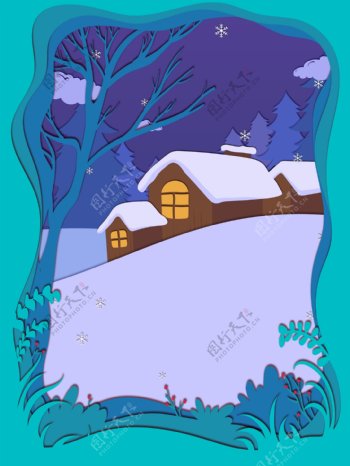 剪纸风冬季雪地小屋背景设计