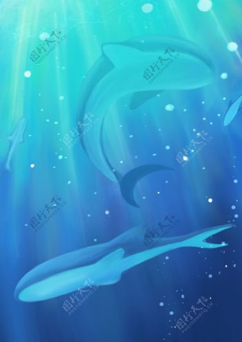 卡通手绘蓝色鲸鱼插画背景