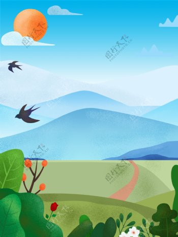 清新二月燕子蓝色草地背景设计
