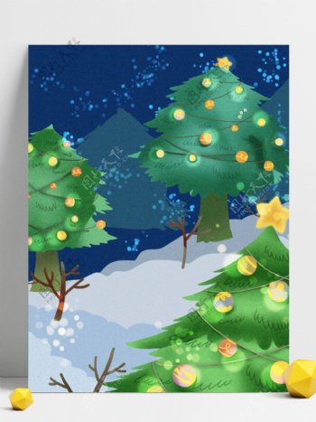 彩绘圣诞节树林雪地背景设计