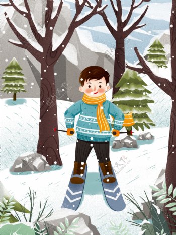 手绘冬季滑雪的男孩背景设计