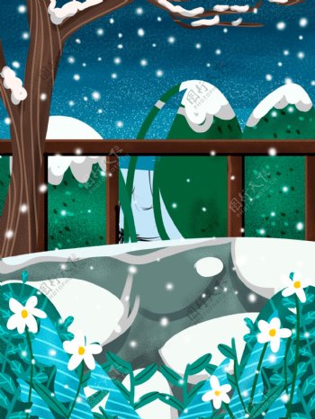手绘冬季花丛雪景背景设计