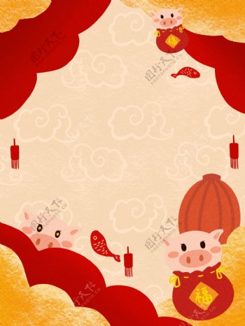 手绘红色大气猪年新春背景设计