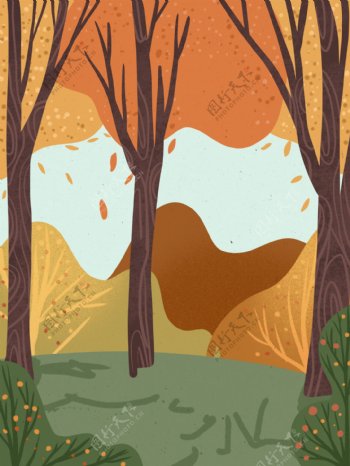 手绘秋季树林草地背景设计
