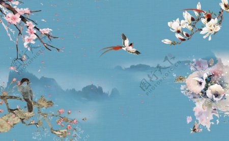 中式花卉小鸟