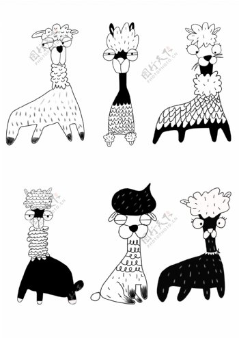 手绘黑白简约可爱动物元素羊驼插画套图