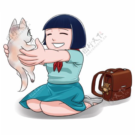 手绘卡通抱着猫的开心小学生