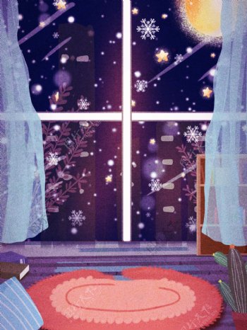 彩绘冬季窗外雪花背景设计