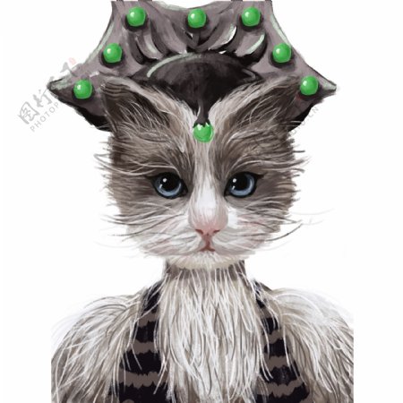 头戴宝石皇冠的高冷猫咪手绘设计