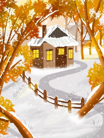 唯美冬季树林下雪屋子背景设计