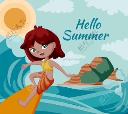 卡通夏季海上冲浪的女孩