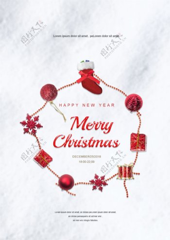 雪红色圣诞礼品盒明星圣诞全球环边框框架圣诞快乐海报模板