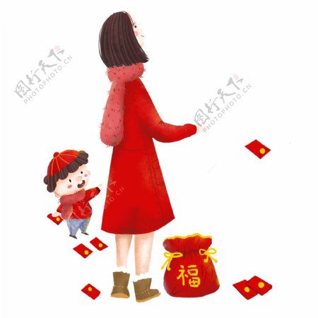 红色喜庆新年母子人物插画元素