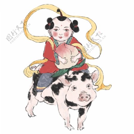 可爱手绘骑猪的小女孩png元素