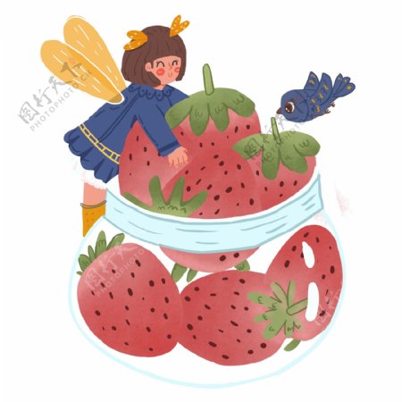 吃草莓的女孩插画人物素材