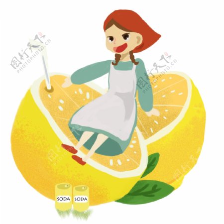 卡通简约喝橙汁的农家女孩装饰素材