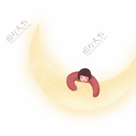 卡通可爱趴着月亮上的小女生